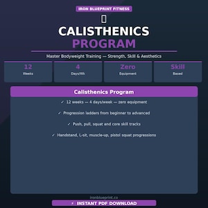 May include: A digital flyer for an Iron Blueprint Fitness Calisthenics Program. The dark blue and purple graphic outlines a 12-week, 4-day-per-week bodyweight training plan with zero equipment, featuring progression ladders for push, pull, and core skills.