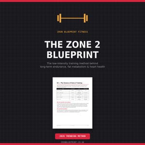 Peut inclure: Un graphique numérique intitulé The Zone 2 Blueprint par Iron Blueprint Fitness. Il présente une icône d'haltère jaune, du texte blanc détaillant l'entraînement à faible intensité et une page centrale blanche montrant un tableau sur la science.