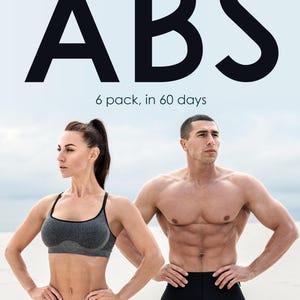 May include: A digital graphic featuring the text INSTANT ABS and 6 pack, in 60 days. Below the text are two athletic individuals, one wearing a grey sports bra and dark leggings, the other wearing black athletic leggings, both standing with hands on hips.