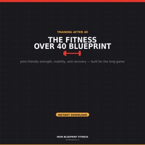 May include: A black digital graphic with a grid pattern featuring the text TRAINING AFTER 40, THE FITNESS OVER 40 BLUEPRINT, a red dumbbell icon, the text Joint-friendly strength, mobility, and recovery — built for the long game, INSTANT DOWNLOAD, and IRON BLUEPRINT FITNESS ironblueprint.co.