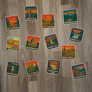 Washington Vintage Stickers Retro Patch Sticker Pack PNW Travel Decals Mountain Forest Art State Parks Aesthetic Vinyl Adventure Stickers