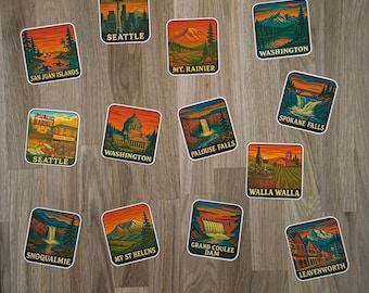 Washington Vintage Stickers Retro Patch Sticker Pack PNW Travel Decals Mountain Forest Art State Parks Aesthetic Vinyl Adventure Stickers
