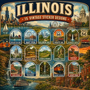 Pode incluir: Uma coleção de 15 designs de adesivos em estilo vintage com marcos de Illinois. O conjunto inclui ilustrações do horizonte de Chicago, Navy Pier, Millennium Park, Rota 66, Starved Rock, Capitólio de Illinois, casa de Lincoln, Cahokia Mounds, Shawnee Forest, Garden of the Gods, Galena, Mississippi Palisades, Matthiessen Park, um museu ferroviário e a casa de Grant.