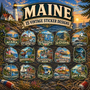 Pode incluir: Uma coleção de 15 designs de autocolantes vintage com marcos do Maine, incluindo Acadia, Portland Head Light, Bar Harbor, Mount Katahdin, Pemaquid Point Light, West Quoddy, Moosehead Lake, Kennebunkport, Old Orchard Beach, Allagash e Fort Knox.