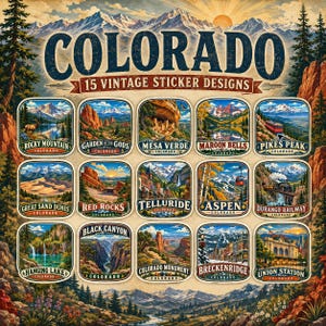 May include: A collection of 15 vintage-style sticker designs featuring Colorado landmarks including Rocky Mountain, Garden of the Gods, Mesa Verde, Maroon Bells, Pikes Peak, Great Sand Dunes, Red Rocks, Telluride, Aspen, Durango Railway, Hanging Lake, Black Canyon, Colorado Monument, Breckenridge, and Union Station.
