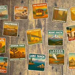 May include: A collection of vintage-style travel stickers featuring iconic California landmarks and destinations. The stickers showcase locations like Santa Monica, Los Angeles, San Francisco, and national parks, with colorful illustrations and text.