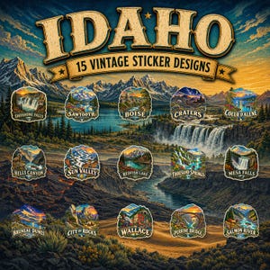 May include: A collection of 15 vintage sticker designs featuring Idaho landmarks including Shoshone Falls, Sawtooth Mountains, Boise, Craters of the Moon, Coeur d'Alene, Hells Canyon, Sun Valley, Redfish Lake, Thousand Springs, Mesa Falls, Bruneau Dunes, City of Rocks, Wallace, Perrine Bridge, and Salmon River.