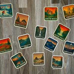Oregon vintage stickers retro patch stickers PNW reisstickers bos berg esthetisch vinyl avontuur stickers Oregon Pacific North West