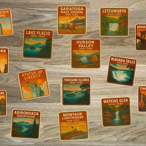 May include: A collection of square stickers featuring iconic New York landmarks and attractions. Each sticker has a vintage design with text such as "Empire State Building," "Niagara Falls," and "Times Square."