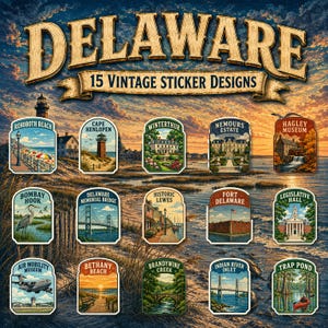 May include: A collection of 15 vintage-style stickers featuring Delaware landmarks including Rehoboth Beach, Cape Henlopen, Winterthur, Nemours Estate, Hagley Museum, Bombay Hook, Delaware Memorial Bridge, Historic Lewes, Fort Delaware, Legislative Hall, Air Mobility Museum, Bethany Beach, Brandywine Creek, Indian River Inlet, and Trap Pond.