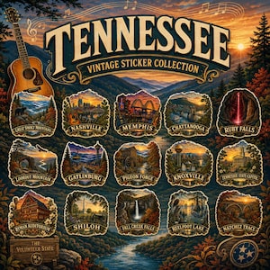 May include: A Tennessee vintage sticker collection poster featuring a large acoustic guitar, musical notes, and fifteen distinct illustrated vignettes of state landmarks including Nashville, Memphis, Ruby Falls, and the Great Smoky Mountains.