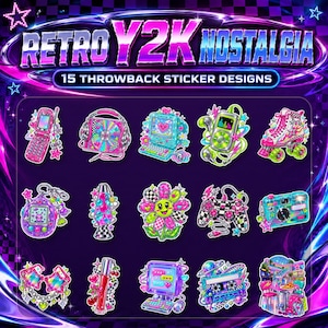 Könnte beinhalten: Eine Sammlung von 15 bunten Aufklebern mit Illustrationen im Y2K-Stil, darunter ein Klapphandy, Kopfhörer, Computer, Rollschuh, Lavalampe, Gamecontroller, Kamera, Lipgloss, Kassette und Blume, mit dem Text RETRO Y2K NOSTALGIA.