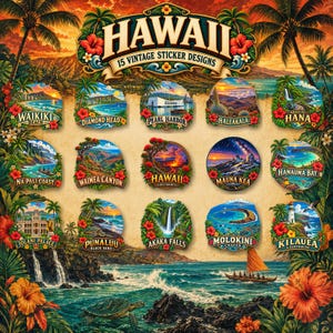 May include: A collection of 15 vintage-style sticker designs featuring Hawaii landmarks including Waikiki Beach, Diamond Head, Pearl Harbor, Haleakala, Road to Hana, Na Pali Coast, Waimea Canyon, Hawaii Volcanoes, Mauna Kea, Hanauma Bay, Iolani Palace, Punaluu, Akaka Falls, Molokini Crater, and Kilauea Lighthouse.