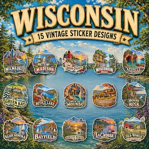 May include: A collection of 15 vintage sticker designs featuring Wisconsin landmarks including Milwaukee, Madison, Door County, Wisconsin Dells, Apostle Islands, Green Bay, Devil's Lake, Cave of the Mounds, Taliesin, House on the Rock, Lake Geneva, Bayfield, Horicon Marsh, La Crosse, and Old World Wisconsin.