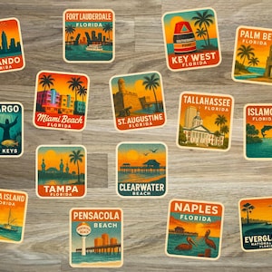 May include: A collection of colourful Florida travel stickers featuring iconic landmarks and scenes. Each sticker showcases a different city, including Orlando, Miami Beach, and Key West, with vibrant illustrations and text.