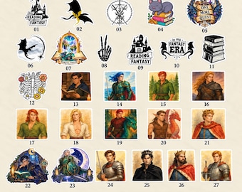 May include: A collection of 27 fantasy-themed stickers featuring illustrations of dragons, castles, books, skeletons, and various characters in armor or period clothing. The set includes text elements like "Busy Reading Fantasy," "One More Quest," and "In My Fantasy Era."