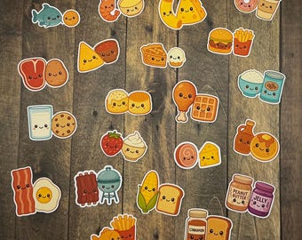 May include: A collection of colorful food-themed stickers with smiling faces. Includes a fish, shrimp, cheese, donut, coffee, burger, fries, pie, chicken, waffle, rice, pancakes, bacon, egg, corn, toast, peanut butter, and jelly.