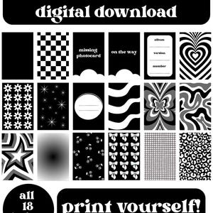 Könnte beinhalten: Ein digitaler Download mit 18 einzigartigen Designs für Kpop-Fotokarten-Binder-Füller. Designs umfassen Schachbrettmuster, Blumenmuster, Sterne und abstrakte Muster, mit Text wie "missing photocard" und "on the way". Der Text "print yourself!" ist ebenfalls enthalten.