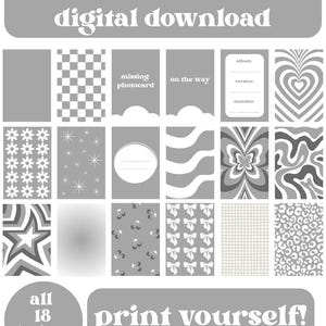 Könnte beinhalten: Digitaler Download mit 18 Designs für Kpop-Fotokarten-Ordner-Füller. Die Designs umfassen Muster, Text und Grafiken in Grau- und Weißtönen. Der Text enthält "missing photocard", "on the way" und "print yourself!"