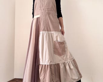 Beige Tulle Layered Maxi Dress | Upcycled Patchwork Pinafore, Boho Romantic Style, One of a Kind