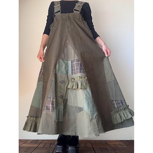 Khaki Apron Dress with Frill Accents | Upcycled Patchwork Pinafore, Handmade Cottagecore, One of a Kind