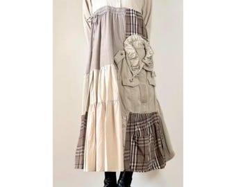 Earth-Tone Patchwork Maxi Dress with Collar | Upcycled Boho Cottagecore, One of a Kind Tiered Dress