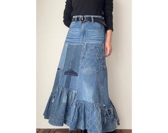 Light Blue Denim Patchwork Maxi Skirt | Mermaid Ruffle Hem, Upcycled Jeans, One of a Kind