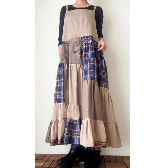 Upcycled Patchwork Jumper Dress  Brown and Navy Plaid Maxi Overall,  Handmade Layered Dress With Unique Details - Etsy Ireland