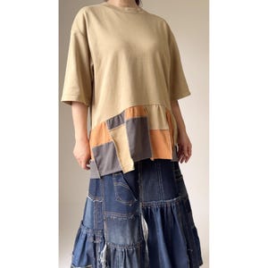 Upcycled Patchwork Hem T-Shirt | Autumn Earth Tones, Mustard Orange Charcoal, Layering Top, Short Sleeve, One-of-a-Kind, Handmade in Japan