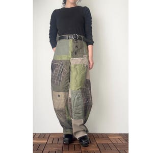Upcycled Patchwork Pants, Olive Green Balloon Trousers, Handmade Cotton Linen, One of a Kind