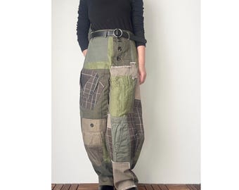 Olive Green Balloon Pants | Upcycled Patchwork Trousers, One of a Kind Boho Wide Leg Pants