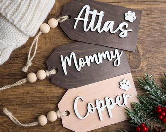 Etiqueta de madera personalizada para medias, etiqueta de madera con nombre y cuentas, etiquetas para medias, etiquetas de regalo de madera, etiquetas de regalo de Navidad, etiqueta de regalo de madera con nombre.