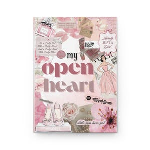 Diario de collage romántico de corazón abierto en rosa ruborizado. Tapa dura suave y femenina. Diario de escritura con líneas para cartas y reflexiones.