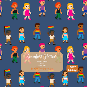 Puede incluir: Un patrón digital continuo sobre fondo azul oscuro con figuras de pixel art de diversas personas, algunas con banderas arcoíris. El texto dice: Seamless Pattern, 4000x4000, PNG, 600 DPI, By Miss.Luna Digital Art, HAND DRAWN.