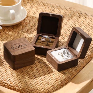 Wedding Ceremony Ring Box, Personalized Square Walnut Wooden Ring Box, Custom Engraved Engagement Proposal Ring Bearer Box, Anniversary Gift