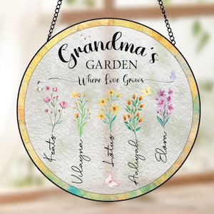 Birth Flower Stained Glass Window Hanging Suncatcher, Custom Grandma&#39;s Garden Suncatcher, Personalized Mother&#39;s Day Gift For Grandma and Mom