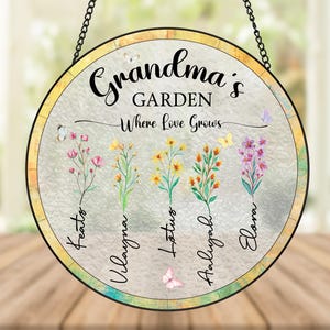 Custom Grandma&#39;s Garden Suncatcher, Birth Flower Stained Glass Window Hanging Suncatcher, Personalized Mother&#39;s Day Gift For Grandma and Mom