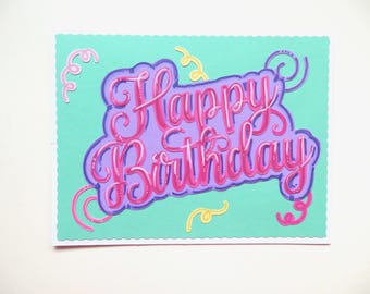 Handmade Birthday Card - Happy Birthday - Handmade Card - (1) Bluish Green background