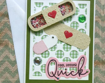 Feel Better Quick- Handmade Card - Get Well Card - Shaker Card - Bandaids- Love - Rx - Feel Better Soon Card - Gift Card (1)