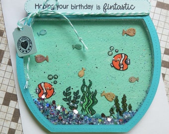 Handmade Birthday Card -  Shaker Card - Fish Bowl - Best Fishes - Fintastic Birthday - Handmade Shaker Card (1)