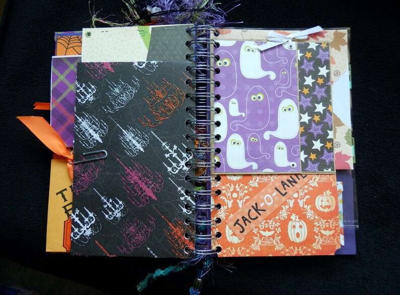 May include: A Halloween-themed journal with a spiral binding, featuring pages with ghost, skeleton, and pumpkin patterns. Includes orange and purple ribbons, and the text "Jack-O-Land".