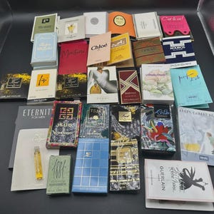 Rare Vintage Carded Perfume Sample Vials Guerlain Cartier Cacharel Givenchy Paco Rabanne etc..