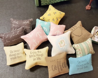 Dollhouse Miniature Pillows with word phrases or sayings or patterned
