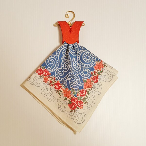 Vintage Hanky Dress in red and blue with a large swirl pattern and an embossed bodice