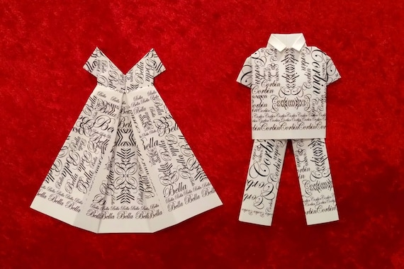 origami dress shirt Personalized Origami Dress or Shirt and Pants With Name White With Black  Script