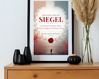 May include: A framed print with German text, including the word "SIEGEL" in red. The print is decorated with a floral wreath and a red wax seal illustration. The print is displayed on a wooden dresser with decorative vases and a pumpkin.