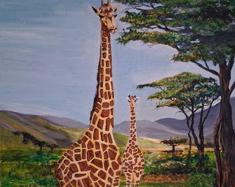 Giraffes in the African sunrise original painting on canvas 40cm x 60cm