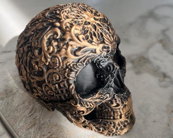 High Detail 3D Printed Sugar Skull – Antique Gold Finish | Gothic Home Decor | Day of the Dead Ornament | Unique Gift