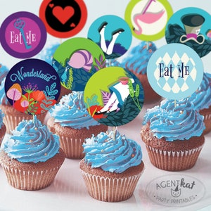Alice in Wonderland Cupcake Toppers Instant Download | Wonderland Party Treat Favor Decorations Circle Tags &quot;Eat Me&quot; 2in Printable