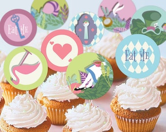 Alice in Wonderland Pastel Cupcake Toppers Instant Download | Wonderland Party Treat Favor Decorations Circle Tags "Eat Me" 2in Printable